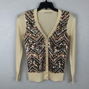Trina Turk Sweater Womens Small Beige Sequin Chevron Cardigan 100% Merino Wool